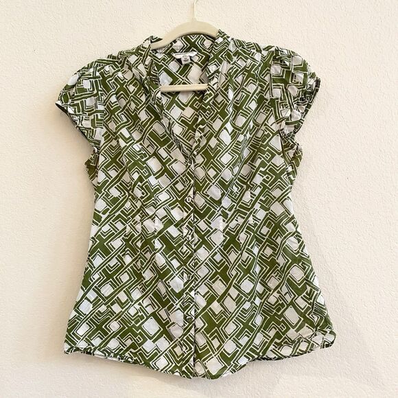 Banana Republic Top Women Blouse 100% Cotton PM Geometric Lightweight Green - Picture 1 of 9